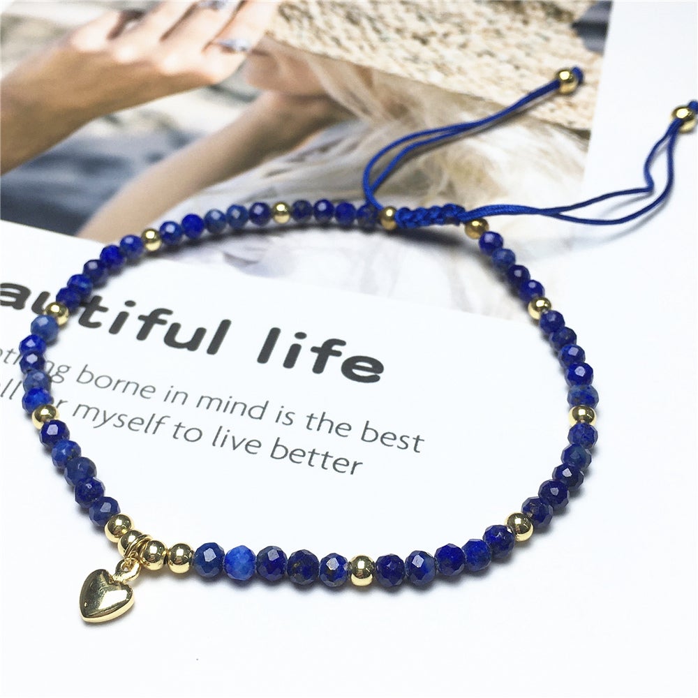 Lapis Gemstone Braid Rope Macrame Adjustable Bracelet Tiny Beads Gemstone Bracelet with Love Heart Charm