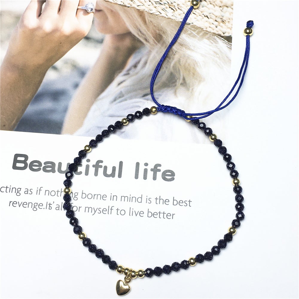 Blue Sandstone Gemstone Braid Rope Macrame Adjustable Bracelet Tiny Beads Gemstone Bracelet with Love Heart Charm