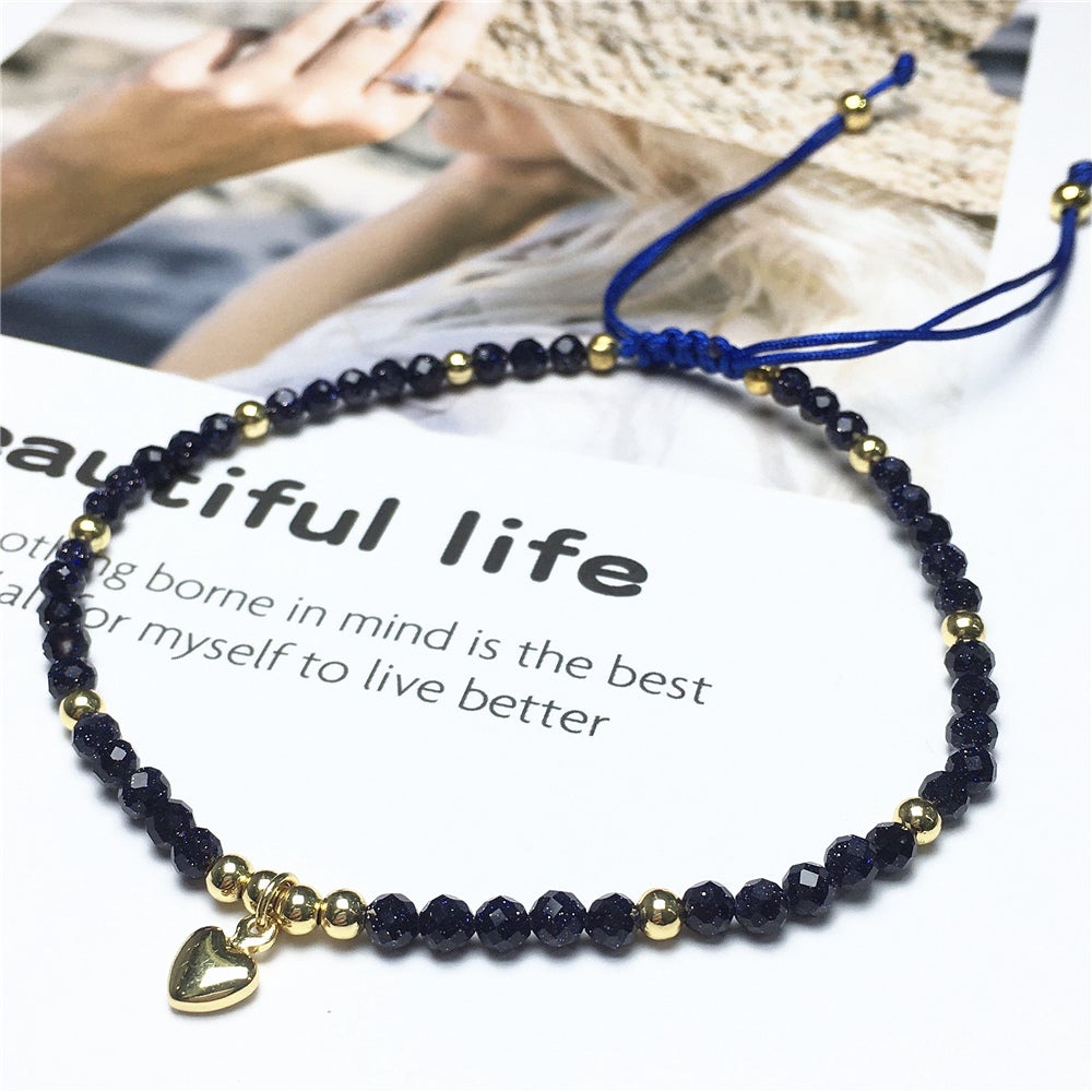 Blue Sandstone Gemstone Braid Rope Macrame Adjustable Bracelet Tiny Beads Gemstone Bracelet with Love Heart Charm