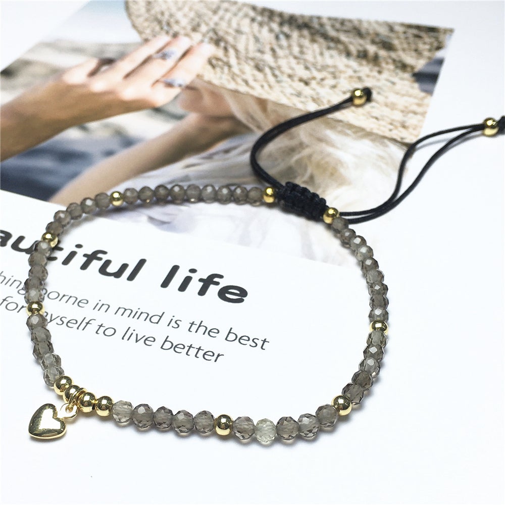 Smoky Quartz Gemstone Braid Rope Macrame Adjustable Bracelet Tiny Beads Gemstone Bracelet with Love Heart Charm