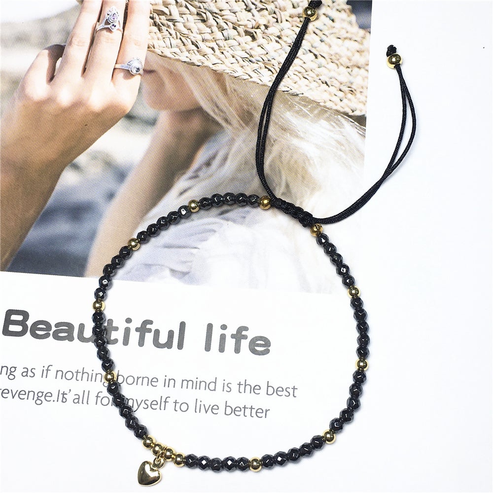 Hematite Gemstone Braid Rope Macrame Adjustable Bracelet Tiny Beads Gemstone Bracelet with Love Heart Charm