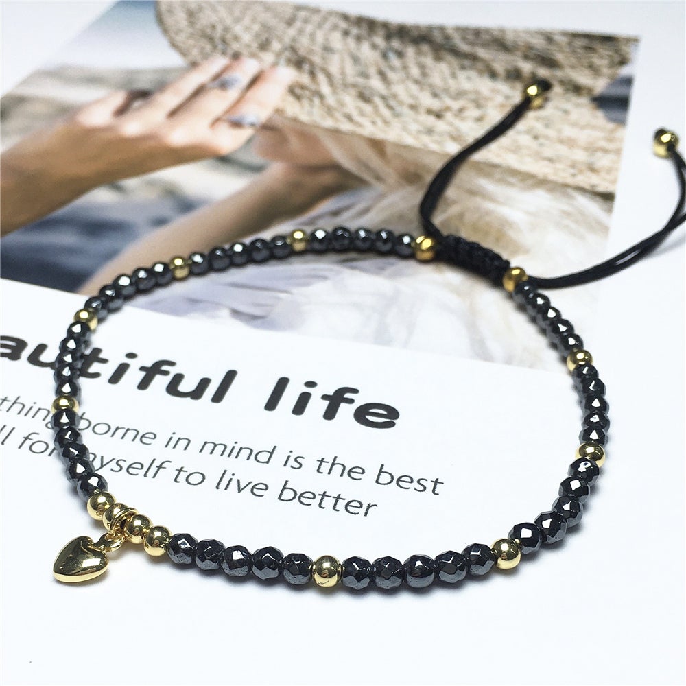 Hematite Gemstone Braid Rope Macrame Adjustable Bracelet Tiny Beads Gemstone Bracelet with Love Heart Charm