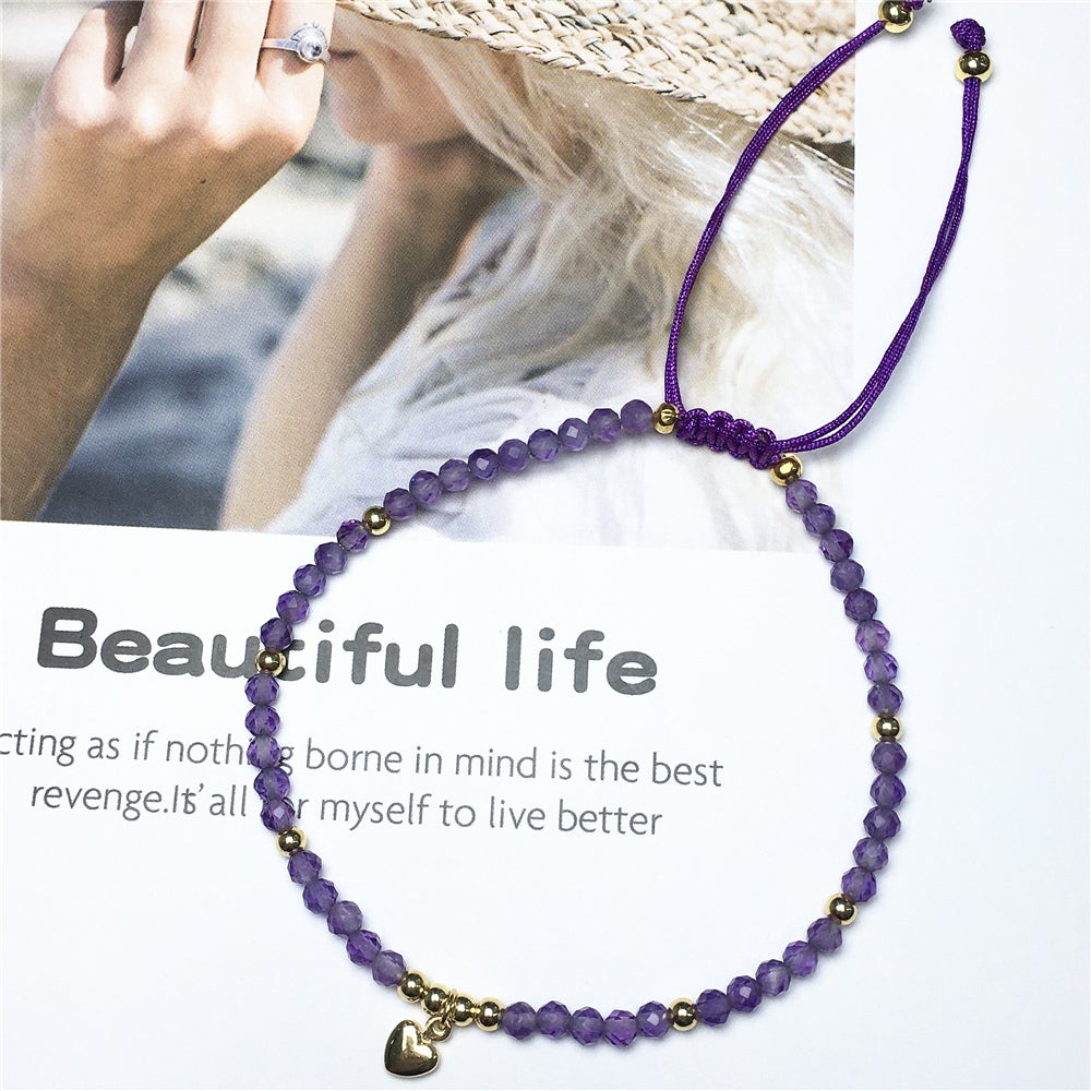Amethyst Gemstone Braid Rope Macrame Adjustable Bracelet Tiny Beads Gemstone Bracelet with Love Heart Charm