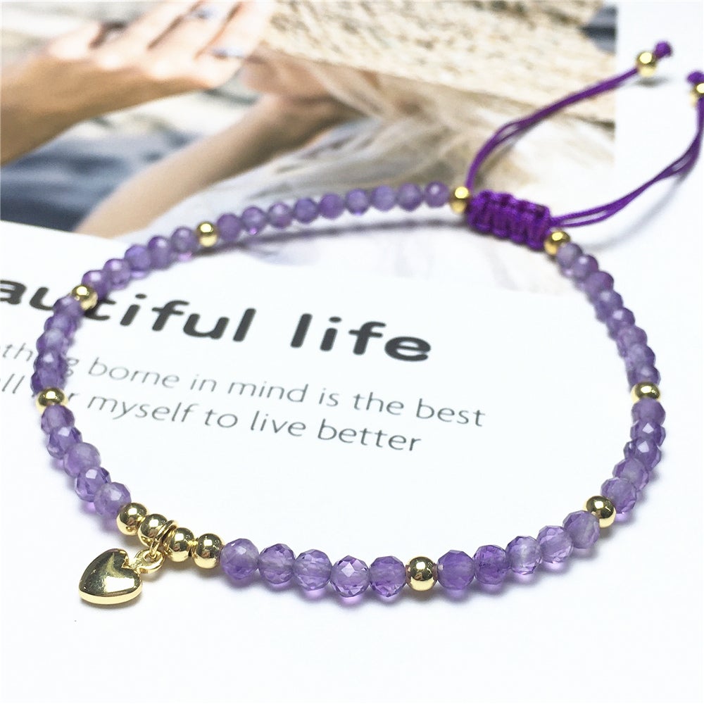 Amethyst Gemstone Braid Rope Macrame Adjustable Bracelet Tiny Beads Gemstone Bracelet with Love Heart Charm