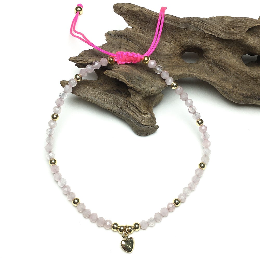 Rose Quartz Gemstone Braid Rope Macrame Adjustable Bracelet Tiny Beads Gemstone Bracelet with Love Heart Charm