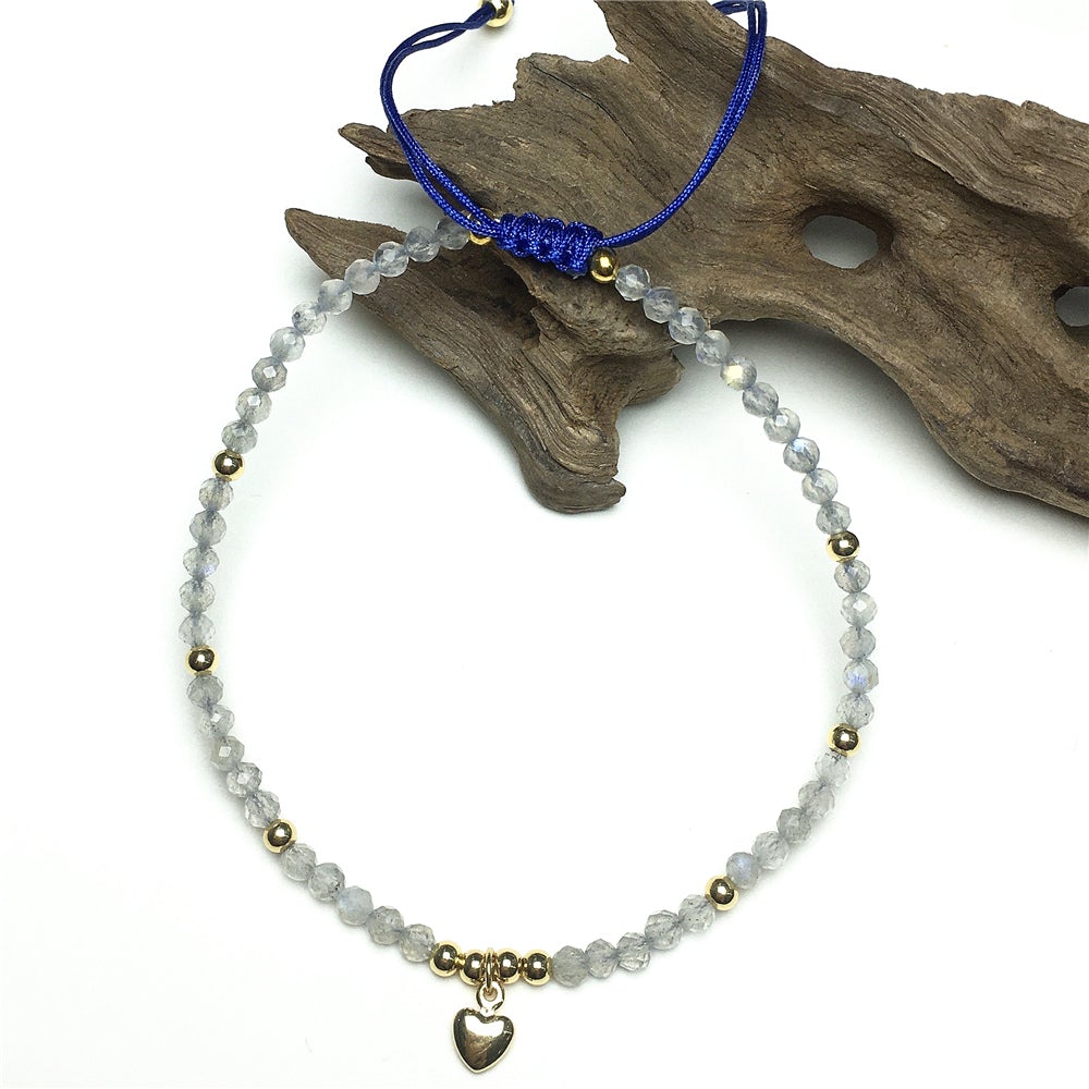 Labradorite Gemstone Braid Rope Macrame Adjustable Bracelet Tiny Beads Gemstone Bracelet with Love Heart Charm