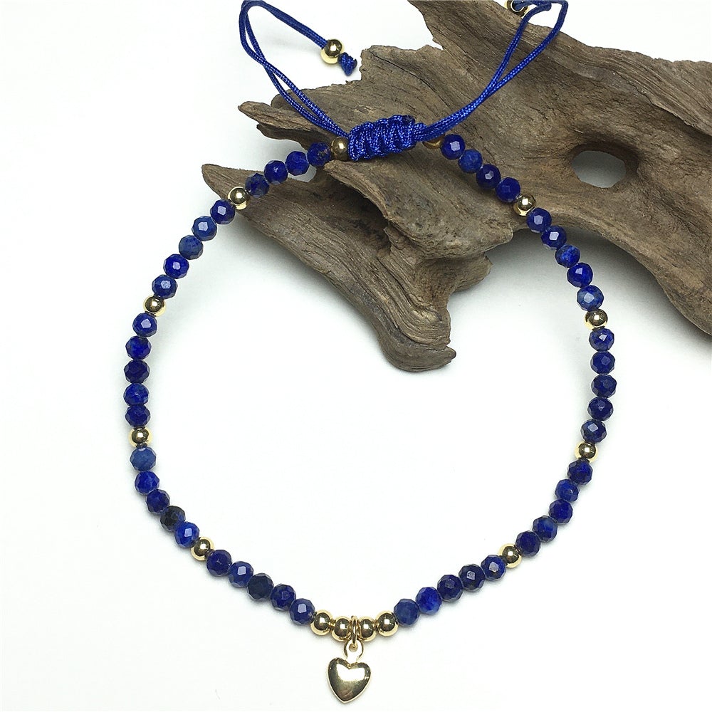 Lapis Gemstone Braid Rope Macrame Adjustable Bracelet Tiny Beads Gemstone Bracelet with Love Heart Charm
