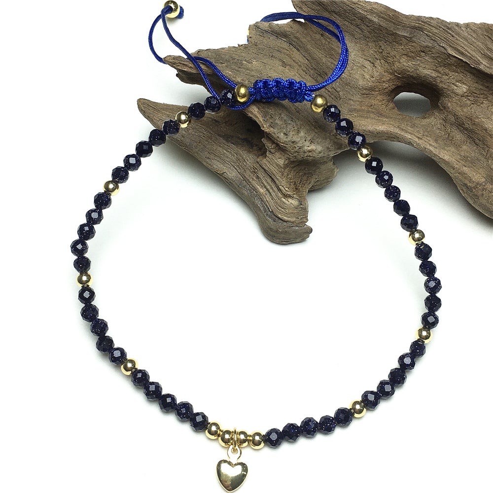 Blue Sandstone Gemstone Braid Rope Macrame Adjustable Bracelet Tiny Beads Gemstone Bracelet with Love Heart Charm