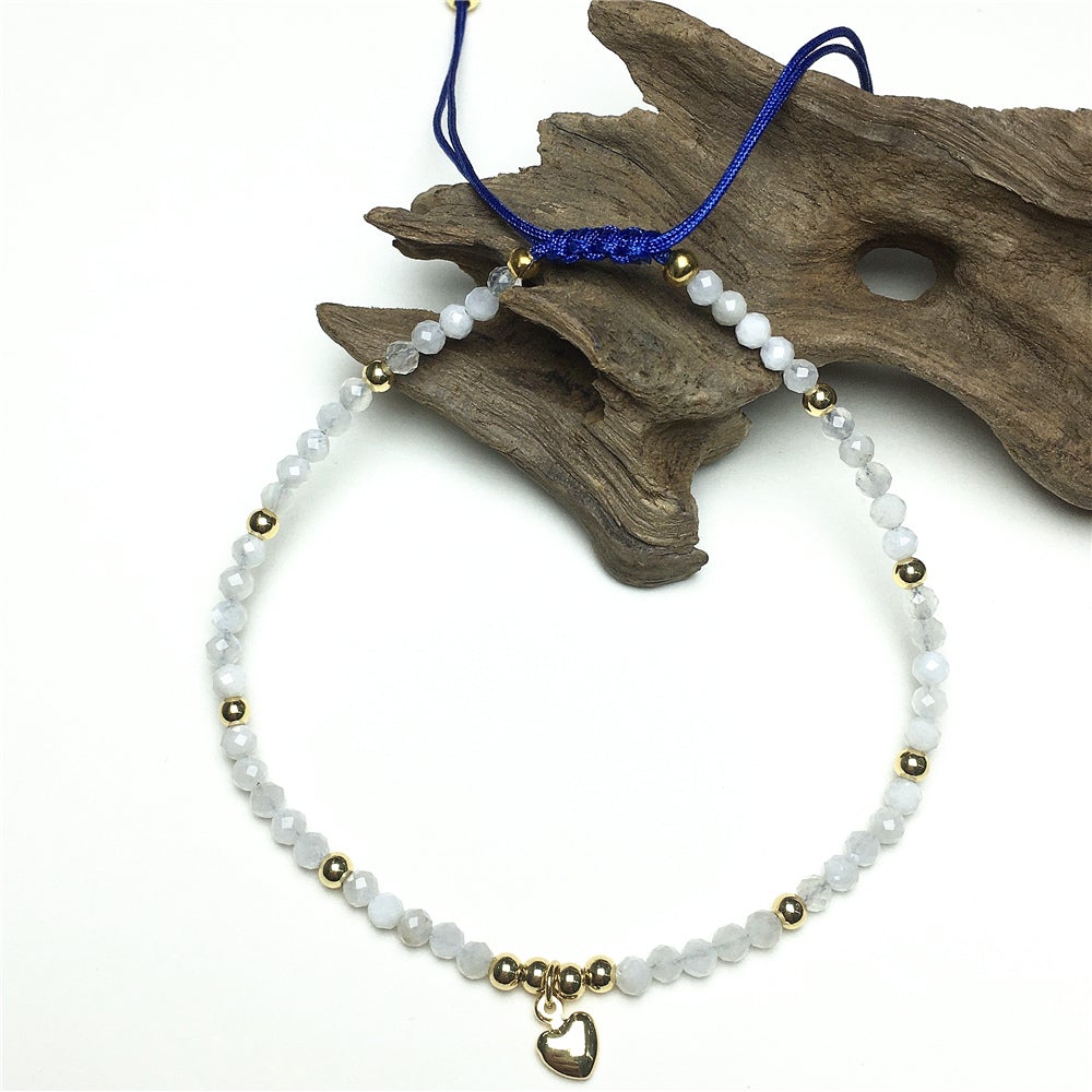 Moonstone Gemstone Braid Rope Macrame Adjustable Bracelet Tiny Beads Gemstone Bracelet with Love Heart Charm