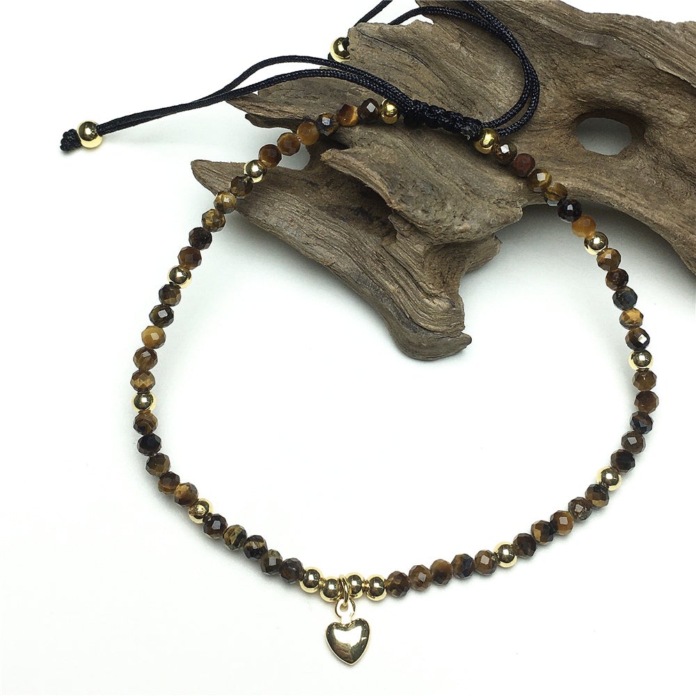 Tiger Eyes Gemstone Braid Rope Macrame Adjustable Bracelet Tiny Beads Gemstone Bracelet with Love Heart Charm