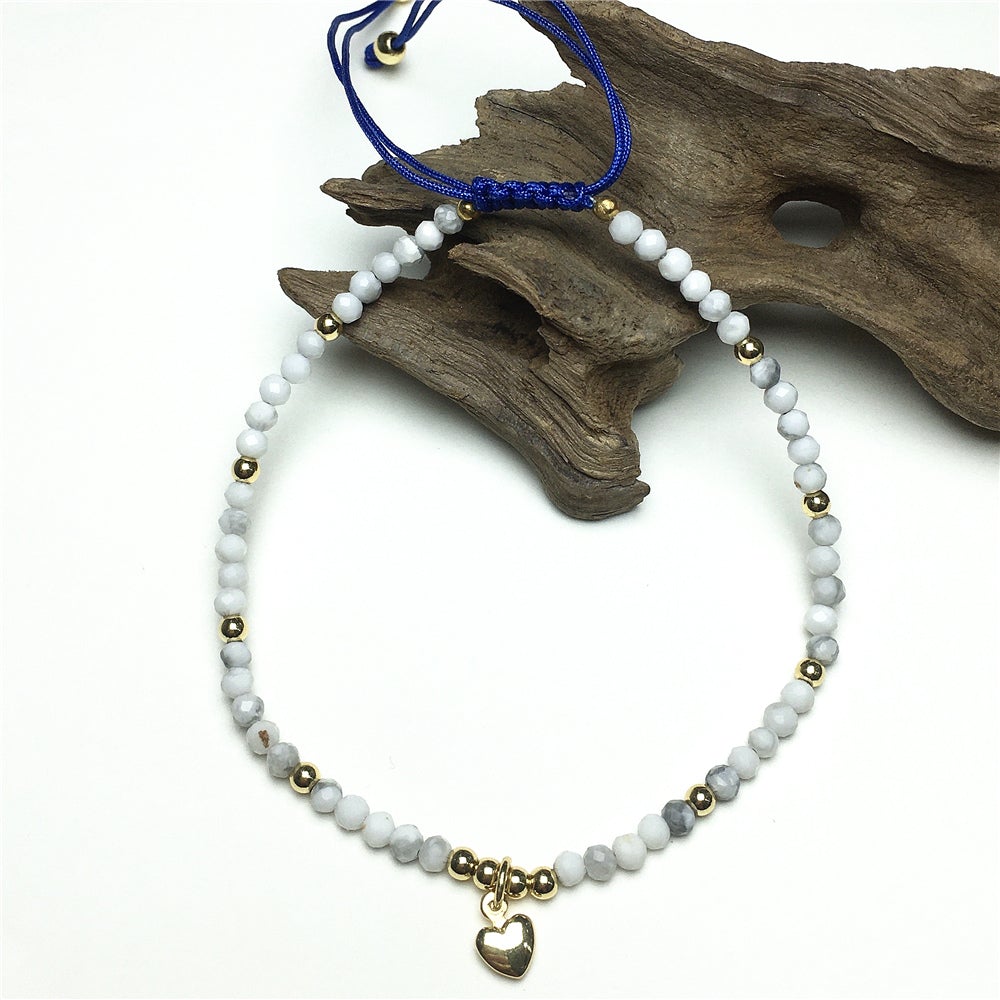 Howlite Gemstone Braid Rope Macrame Adjustable Bracelet Tiny Beads Gemstone Bracelet with Love Heart Charm