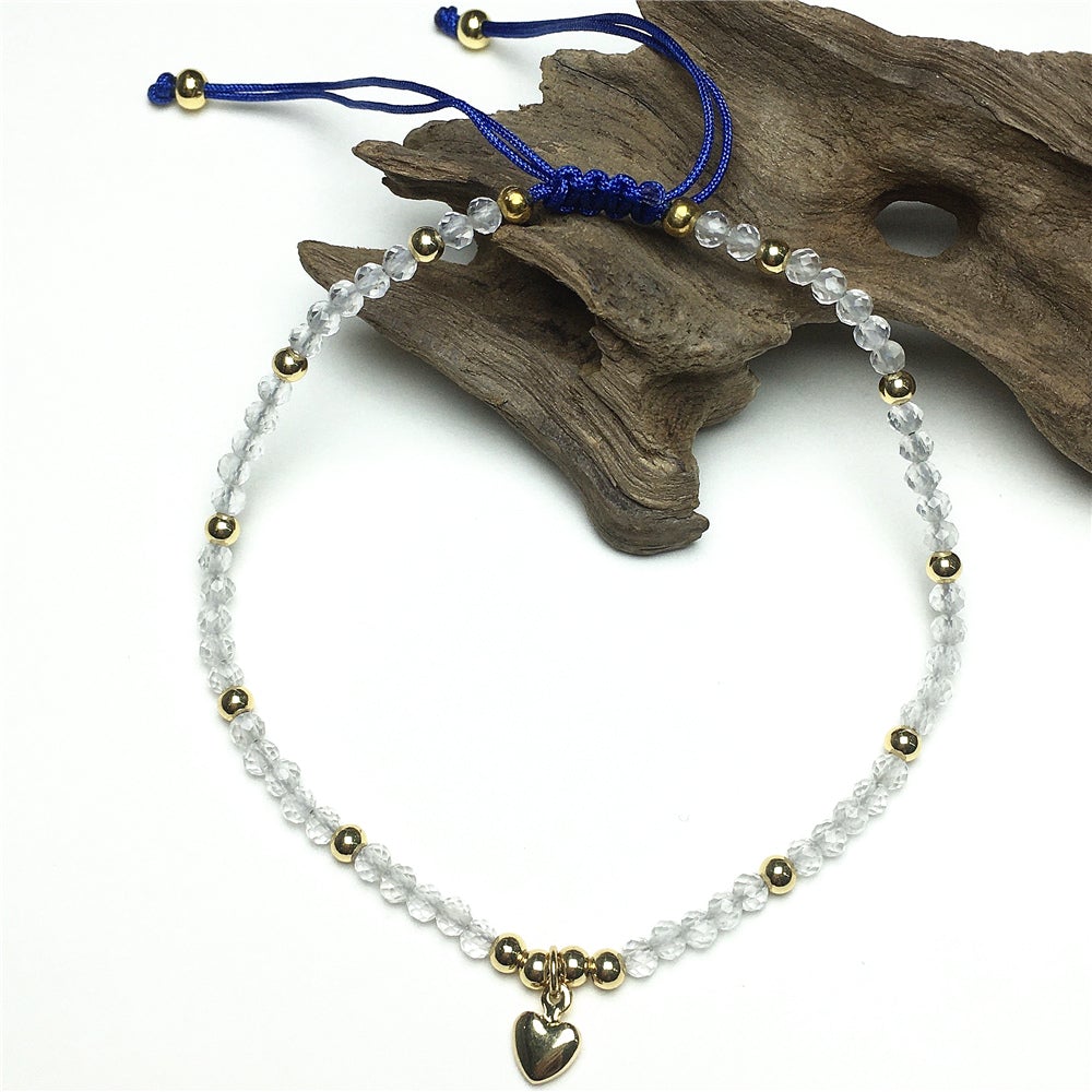 Clear Quartz Gemstone Braid Rope Macrame Adjustable Bracelet Tiny Beads Gemstone Bracelet with Love Heart Charm