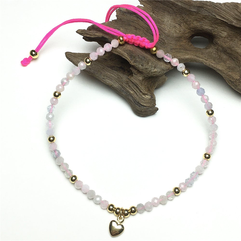 Morganite Gemstone Braid Rope Macrame Adjustable Bracelet Tiny Beads Gemstone Bracelet with Love Heart Charm