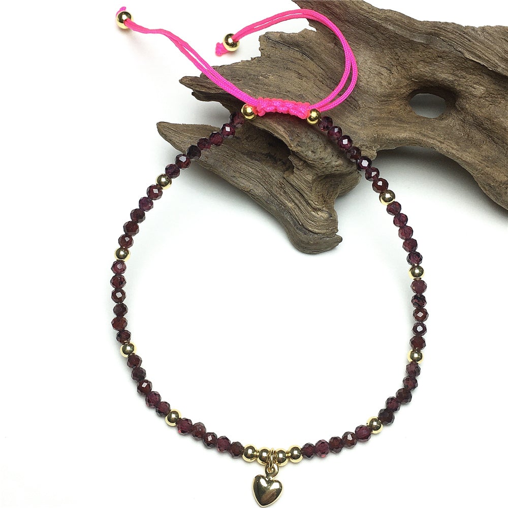 Garnet Gemstone Braid Rope Macrame Adjustable Bracelet Tiny Beads Gemstone Bracelet with Love Heart Charm