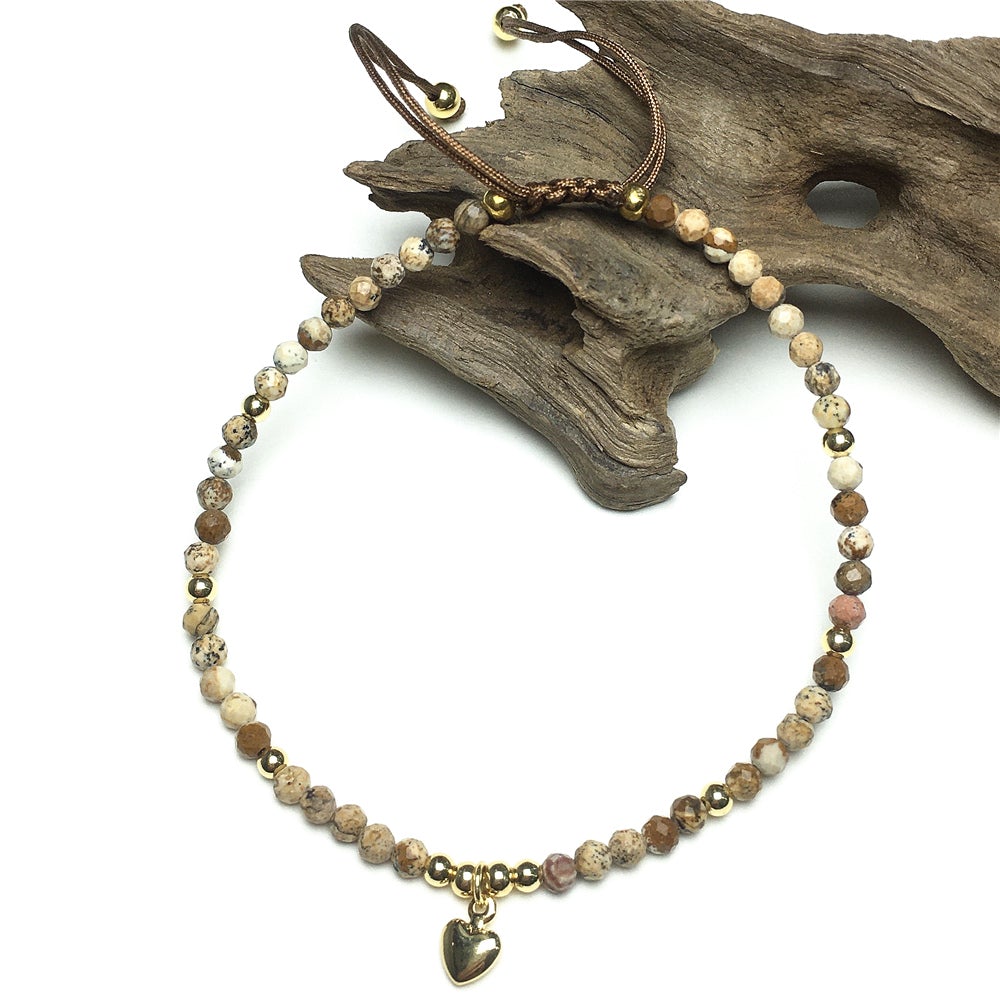Picture Jasper Gemstone Braid Rope Macrame Adjustable Bracelet Tiny Beads Gemstone Bracelet with Love Heart Charm