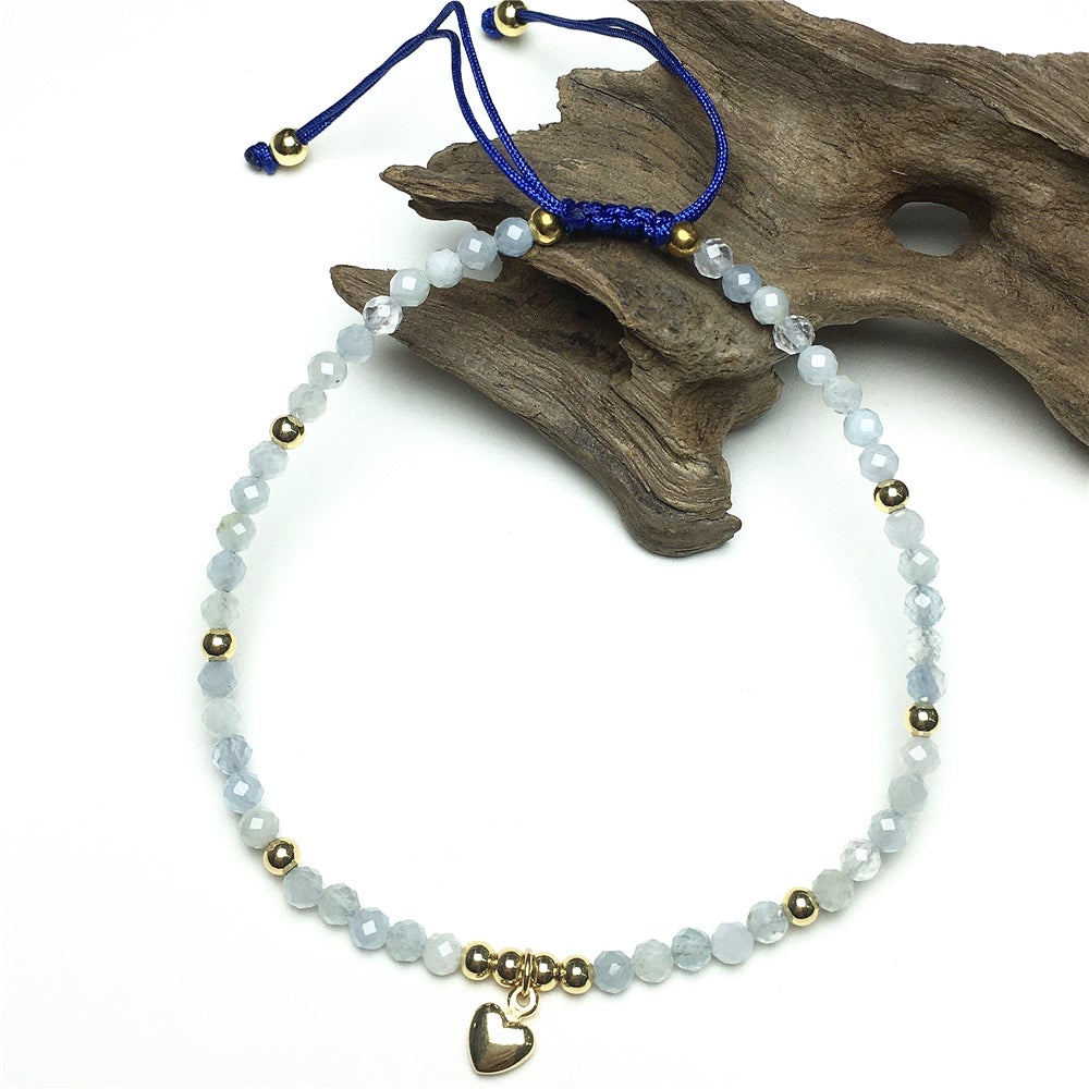 Aquamarine Gemstone Braid Rope Macrame Adjustable Bracelet Tiny Beads Gemstone Bracelet with Love Heart Charm