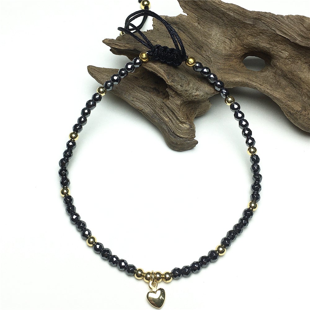 Hematite Gemstone Braid Rope Macrame Adjustable Bracelet Tiny Beads Gemstone Bracelet with Love Heart Charm