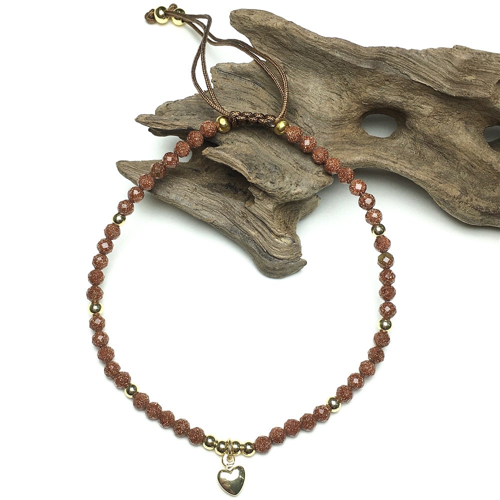 Gold Sandstone Gemstone Braid Rope Macrame Adjustable Bracelet Tiny Beads Gemstone Bracelet with Love Heart Charm