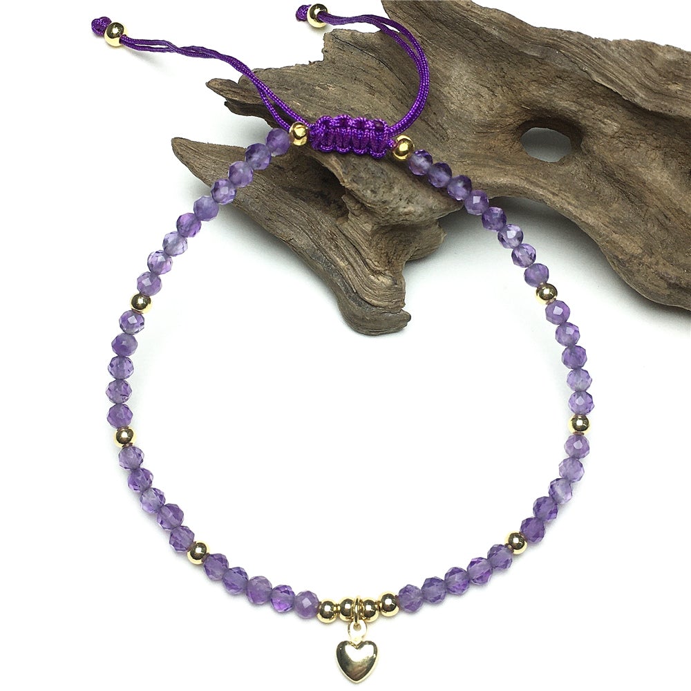 Amethyst Gemstone Braid Rope Macrame Adjustable Bracelet Tiny Beads Gemstone Bracelet with Love Heart Charm