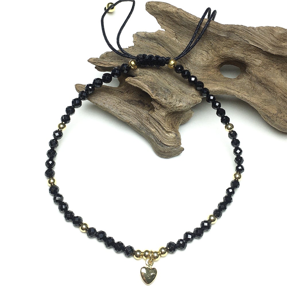 Black Spinel Gemstone Braid Rope Macrame Adjustable Bracelet Tiny Beads Gemstone Bracelet with Love Heart Charm