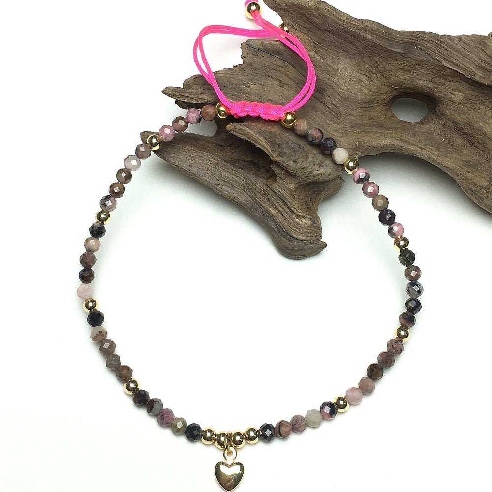 Tourmaline Gemstone Braid Rope Macrame Adjustable Bracelet Tiny Beads Gemstone Bracelet with Love Heart Charm