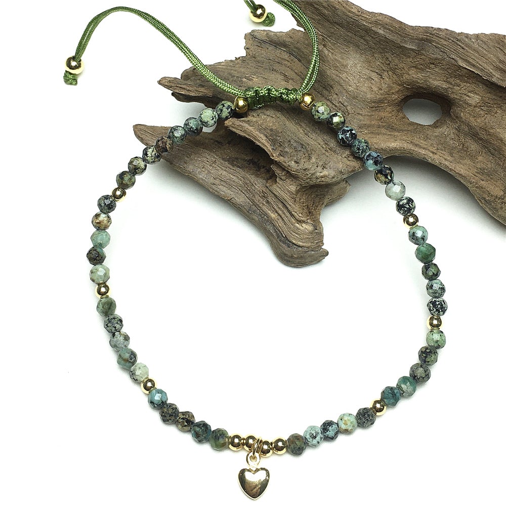 African Turquoise Gemstone Braid Rope Macrame Adjustable Bracelet Tiny Beads Gemstone Bracelet with Love Heart Charm