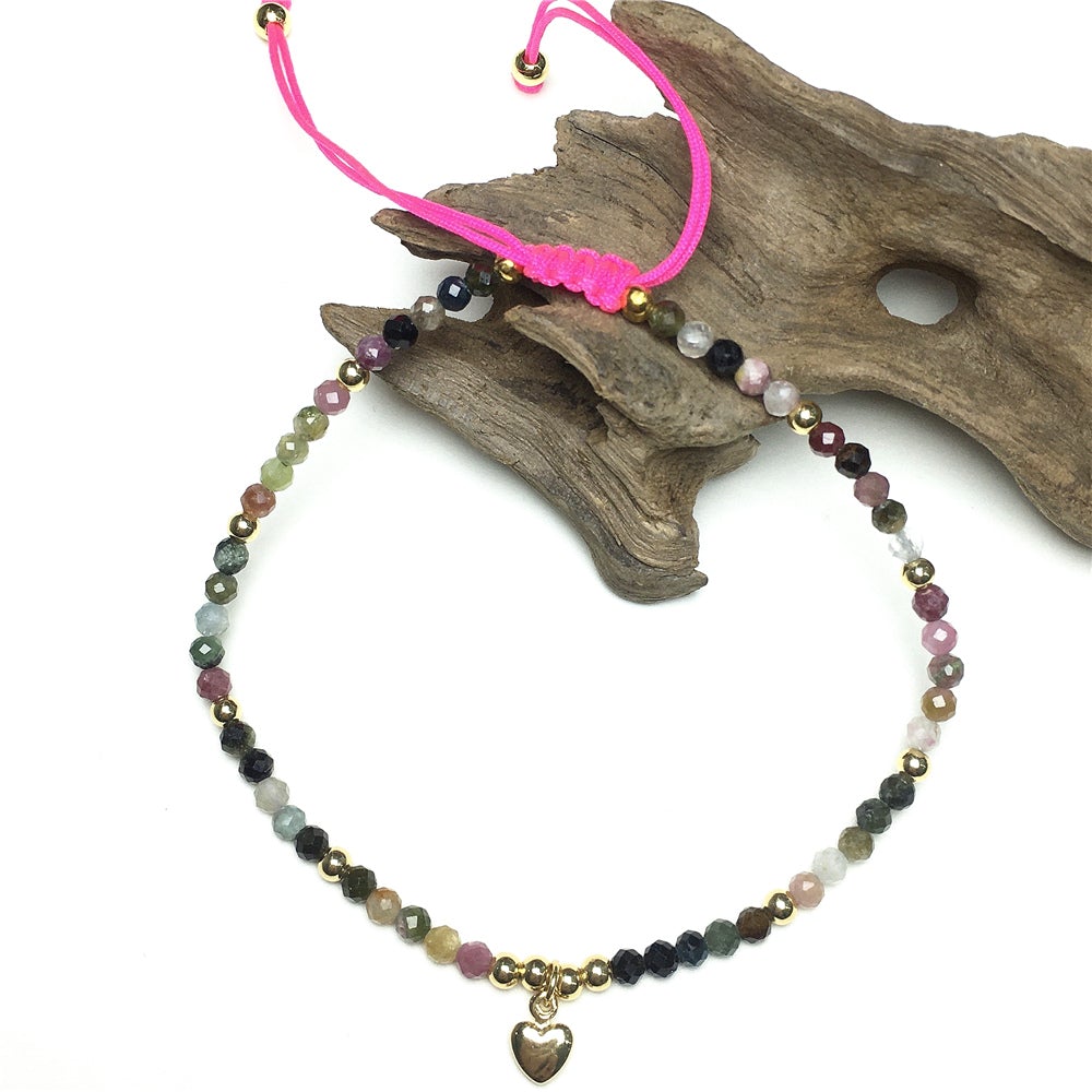 Pink Rhodonite Gemstone Braid Rope Macrame Adjustable Bracelet Tiny Beads Gemstone Bracelet with Love Heart Charm