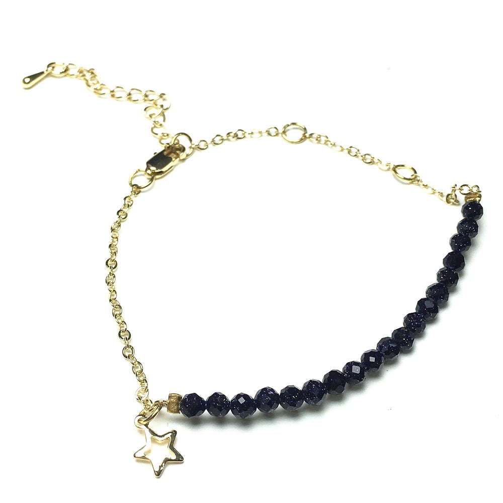 Blue Sandstone Gemstone Adjustable Bracelet Tiny Beads Gemstone Gold Plated Chain Linked Bracelet for Women