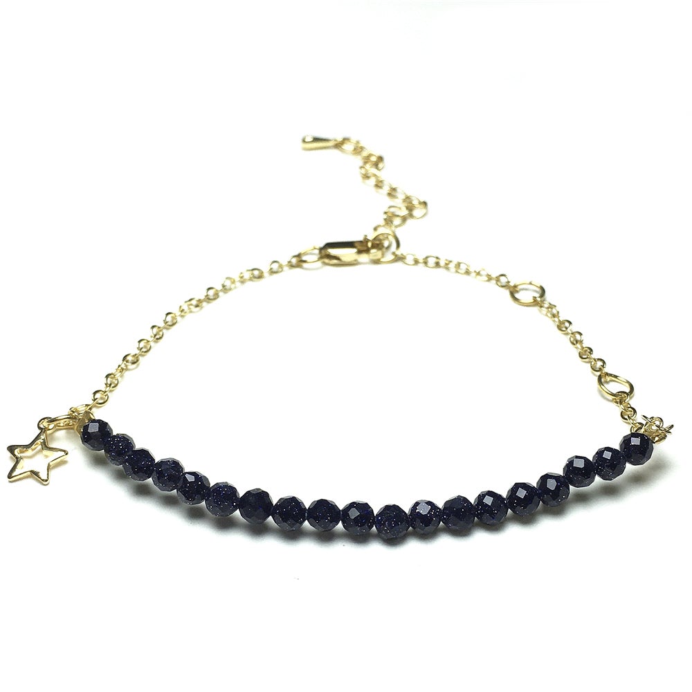 Blue Sandstone Gemstone Adjustable Bracelet Tiny Beads Gemstone Gold Plated Chain Linked Bracelet for Women