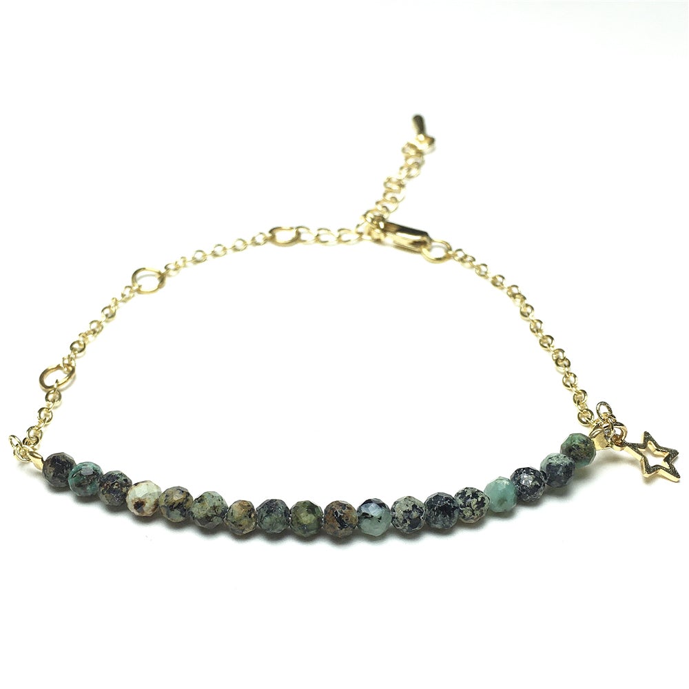 African Turquoise Gemstone Adjustable Bracelet Tiny Beads Gemstone Gold Plated Chain Linked Bracelet for Women
