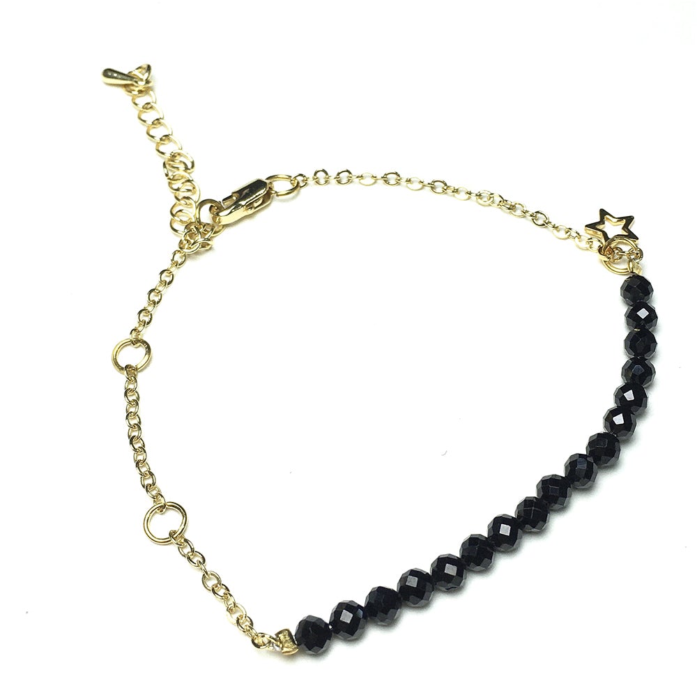 Black Spinel Gemstone Adjustable Bracelet Tiny Beads Gemstone Gold Plated Chain Linked Bracelet for Women