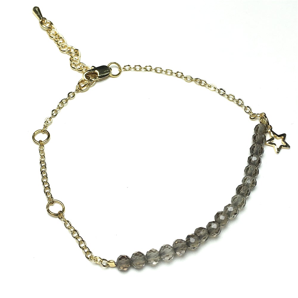 Smoky Quartz Gemstone Adjustable Bracelet Tiny Beads Gemstone Gold Plated Chain Linked Bracelet for Women