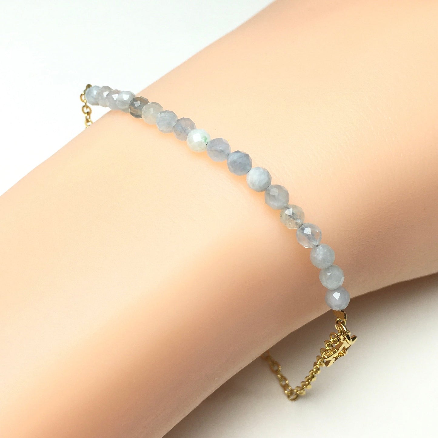 Aquamarine Gemstone Adjustable Bracelet Tiny Beads Gemstone Gold Plated Chain Linked Bracelet for Women