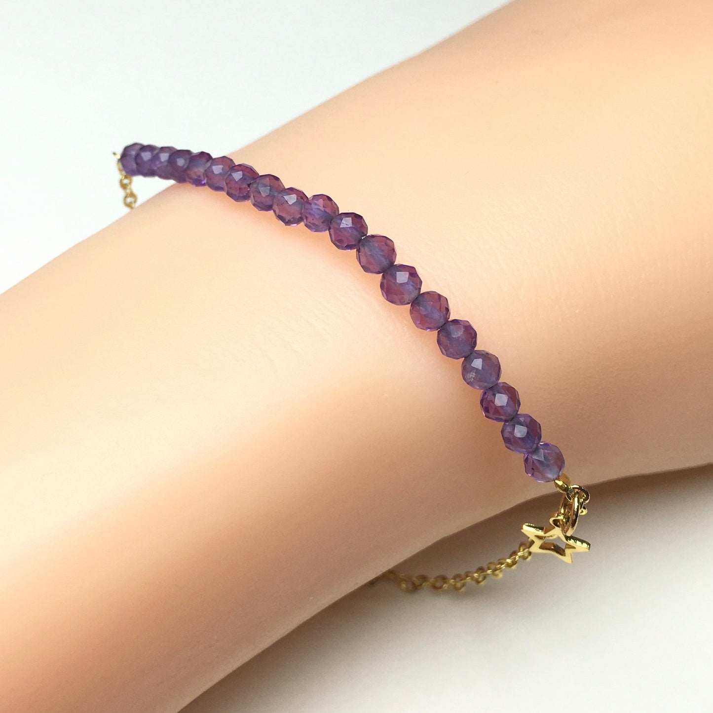 Amethyst Gemstone Adjustable Bracelet Tiny Beads Gemstone Gold Plated Chain Linked Bracelet for Women