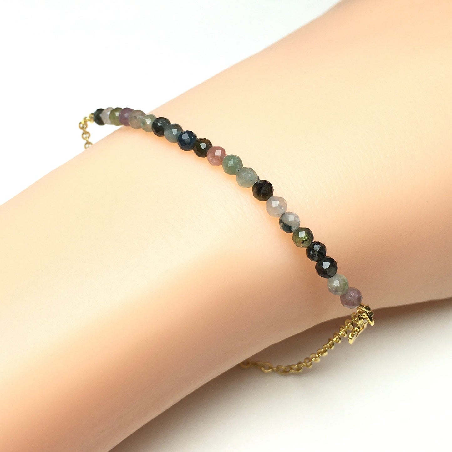 Tourmaline Gemstone Adjustable Bracelet Tiny Beads Gemstone Gold Plated Chain Linked Bracelet for Women