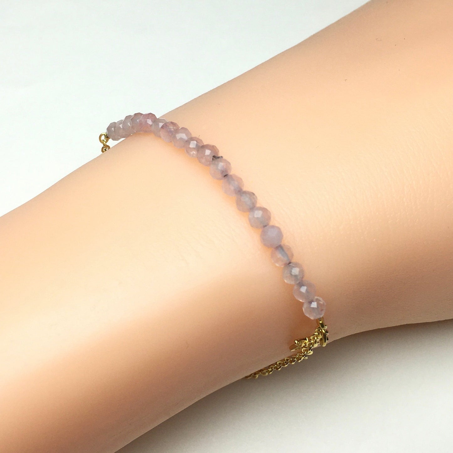 Rose Quartz Gemstone Adjustable Bracelet Tiny Beads Gemstone Gold Plated Chain Linked Bracelet for Women