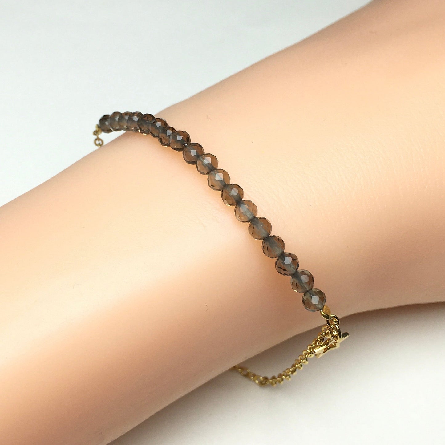 Smoky Quartz Gemstone Adjustable Bracelet Tiny Beads Gemstone Gold Plated Chain Linked Bracelet for Women