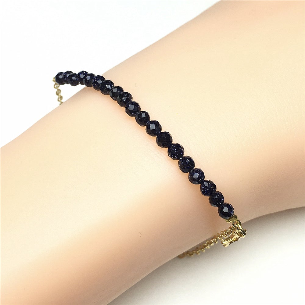 Blue Sandstone Gemstone Adjustable Bracelet Tiny Beads Gemstone Gold Plated Chain Linked Bracelet for Women