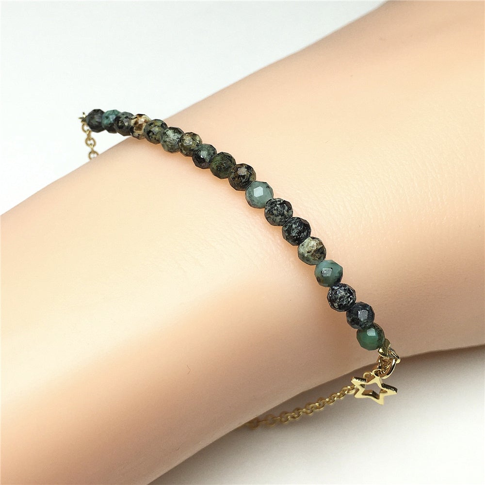 African Turquoise Gemstone Adjustable Bracelet Tiny Beads Gemstone Gold Plated Chain Linked Bracelet for Women