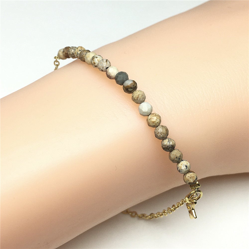 Picture Jasper Gemstone Adjustable Bracelet Tiny Beads Gemstone Gold Plated Chain Linked Bracelet for Women