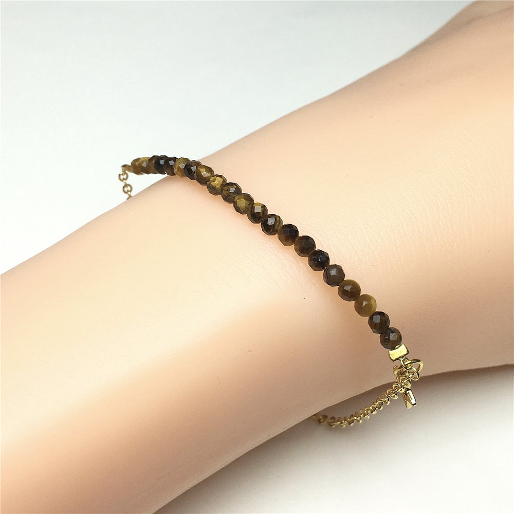 Tiger Eyes Gemstone Adjustable Bracelet Tiny Beads Gemstone Gold Plated Chain Linked Bracelet for Women