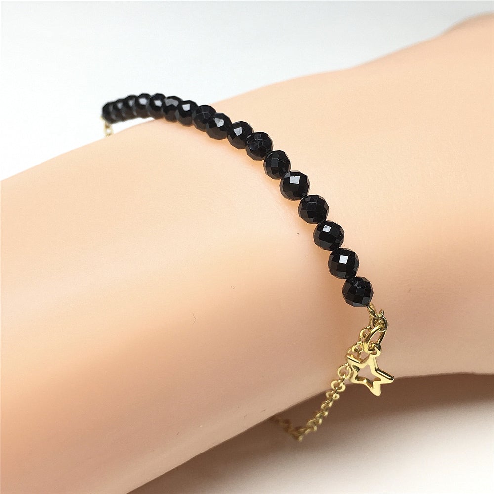 Black Spinel Gemstone Adjustable Bracelet Tiny Beads Gemstone Gold Plated Chain Linked Bracelet for Women