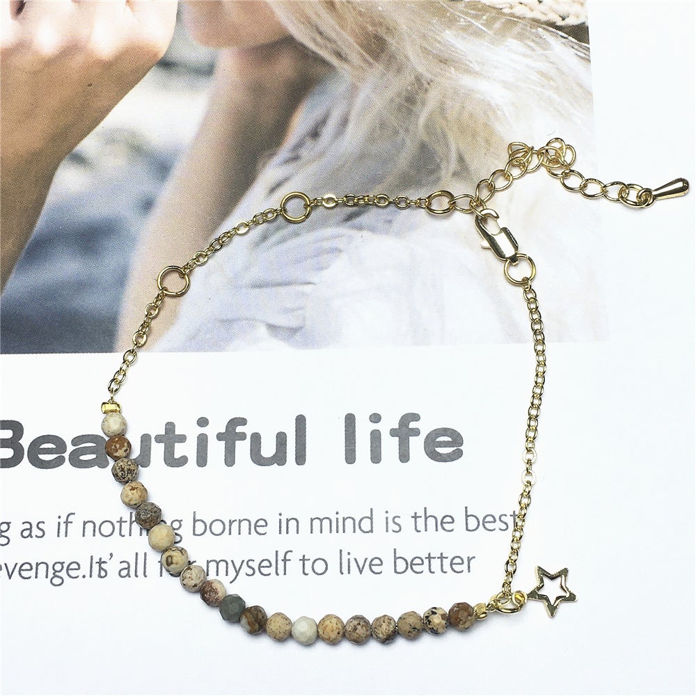 Picture Jasper Gemstone Adjustable Bracelet Tiny Beads Gemstone Gold Plated Chain Linked Bracelet for Women