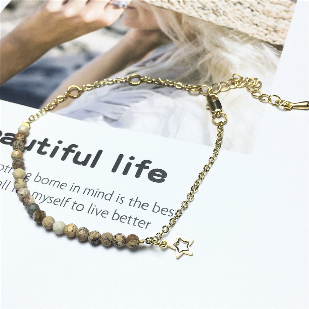 Picture Jasper Gemstone Adjustable Bracelet Tiny Beads Gemstone Gold Plated Chain Linked Bracelet for Women