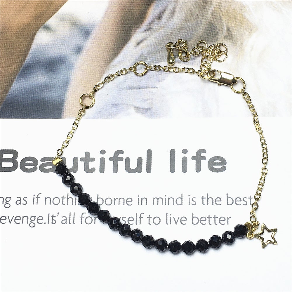Black Spinel Gemstone Adjustable Bracelet Tiny Beads Gemstone Gold Plated Chain Linked Bracelet for Women
