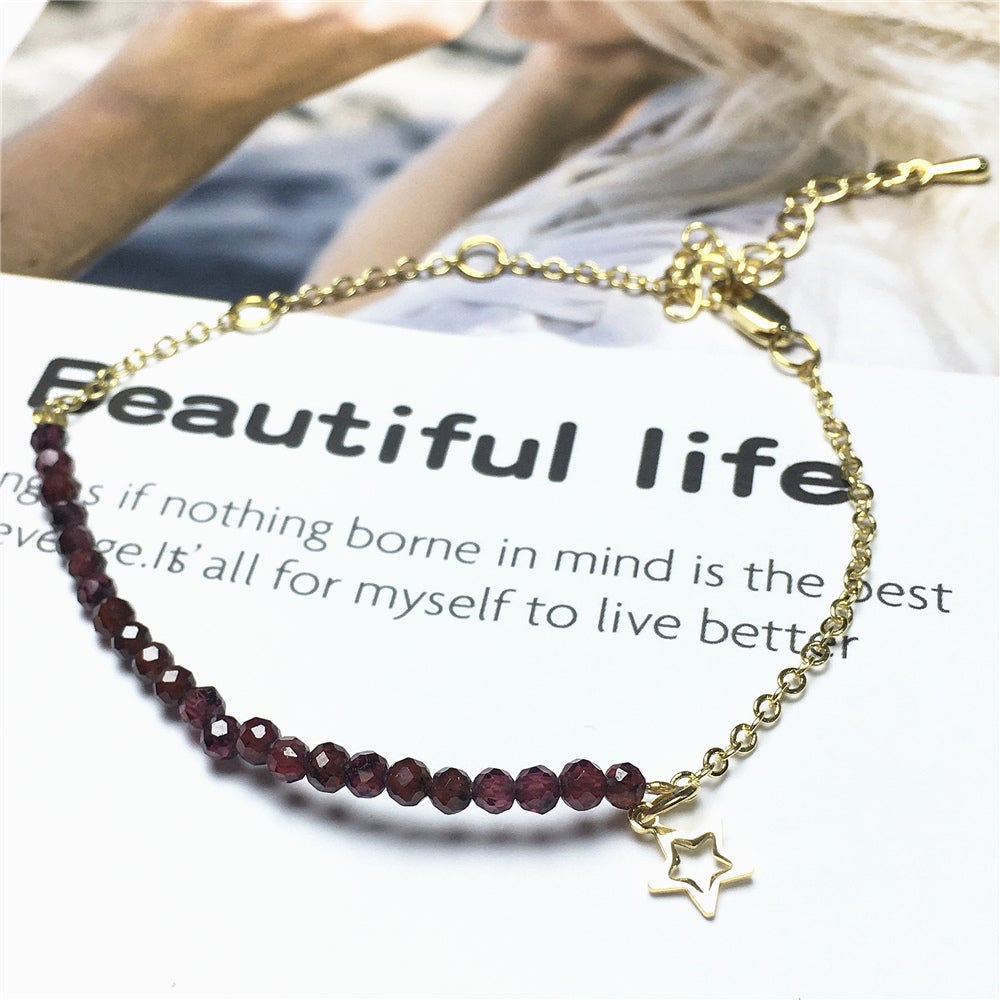 Garnet Gemstone Adjustable Bracelet Tiny Beads Gemstone Gold Plated Chain Linked Bracelet for Women