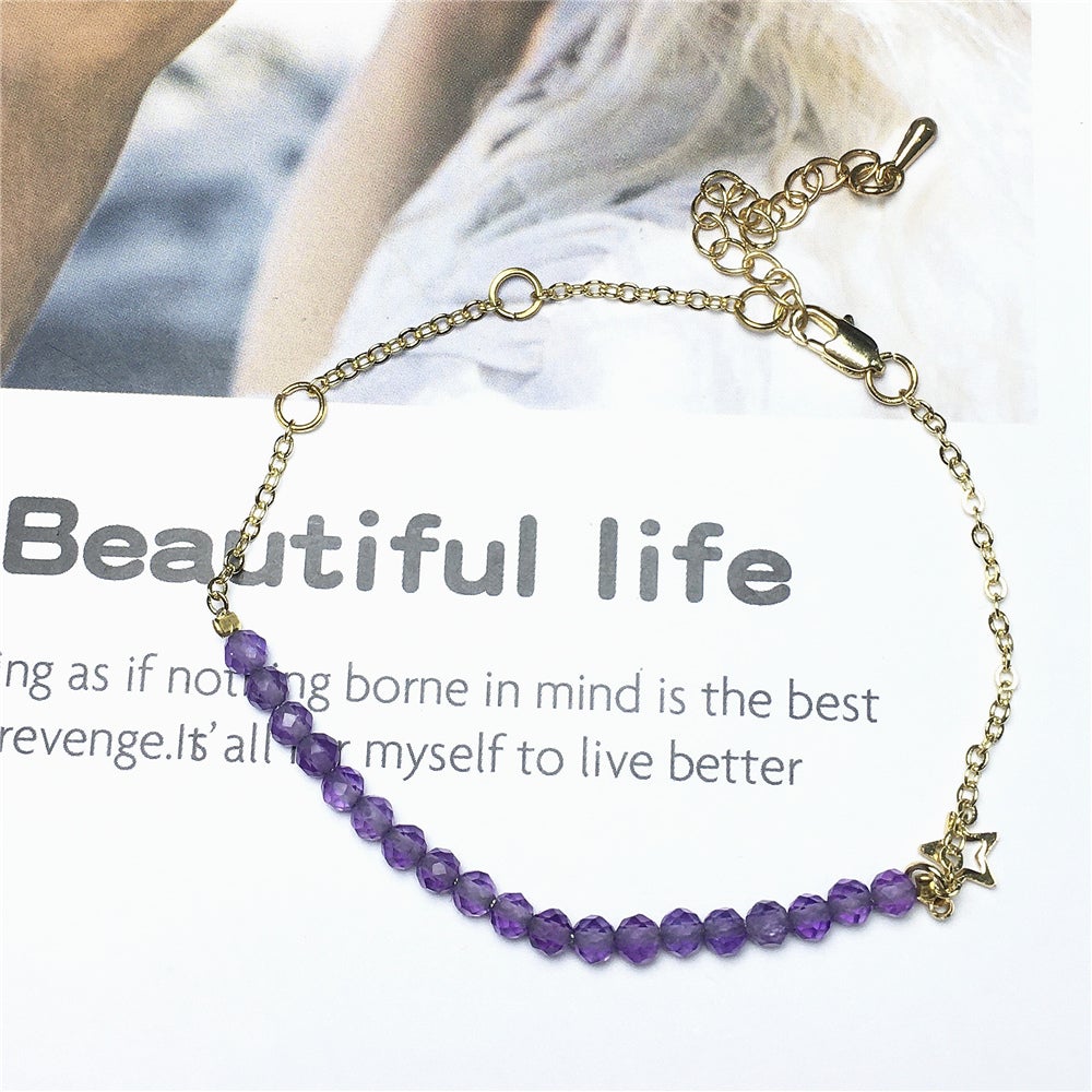 Amethyst Gemstone Adjustable Bracelet Tiny Beads Gemstone Gold Plated Chain Linked Bracelet for Women