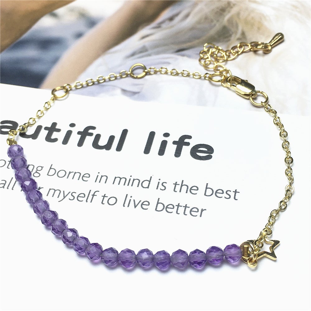 Amethyst Gemstone Adjustable Bracelet Tiny Beads Gemstone Gold Plated Chain Linked Bracelet for Women