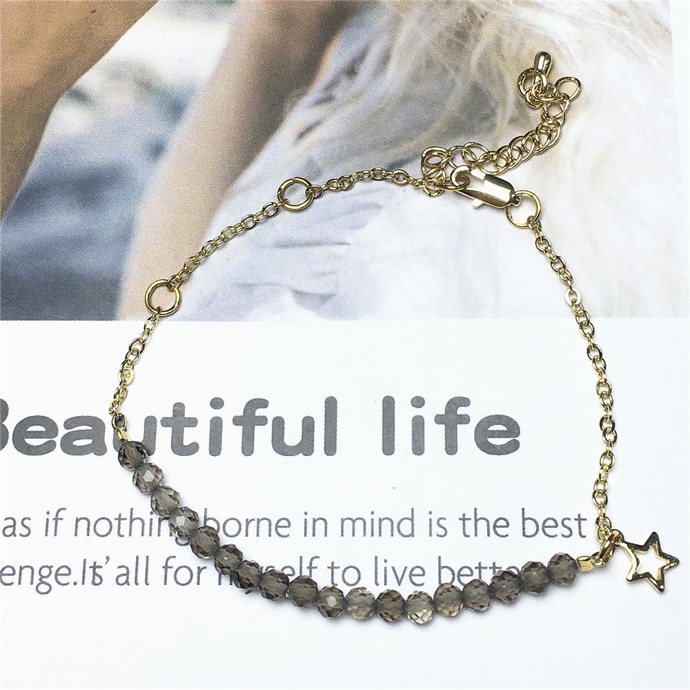 Smoky Quartz Gemstone Adjustable Bracelet Tiny Beads Gemstone Gold Plated Chain Linked Bracelet for Women