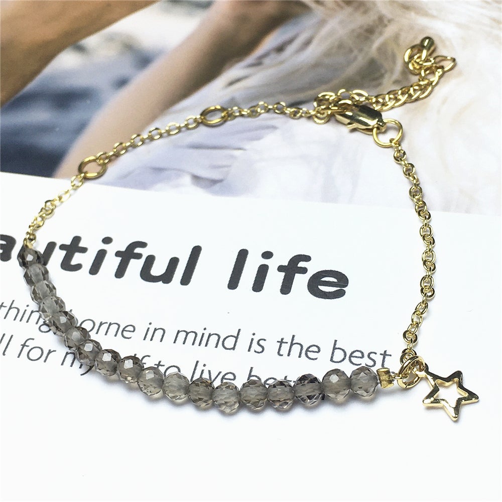 Smoky Quartz Gemstone Adjustable Bracelet Tiny Beads Gemstone Gold Plated Chain Linked Bracelet for Women